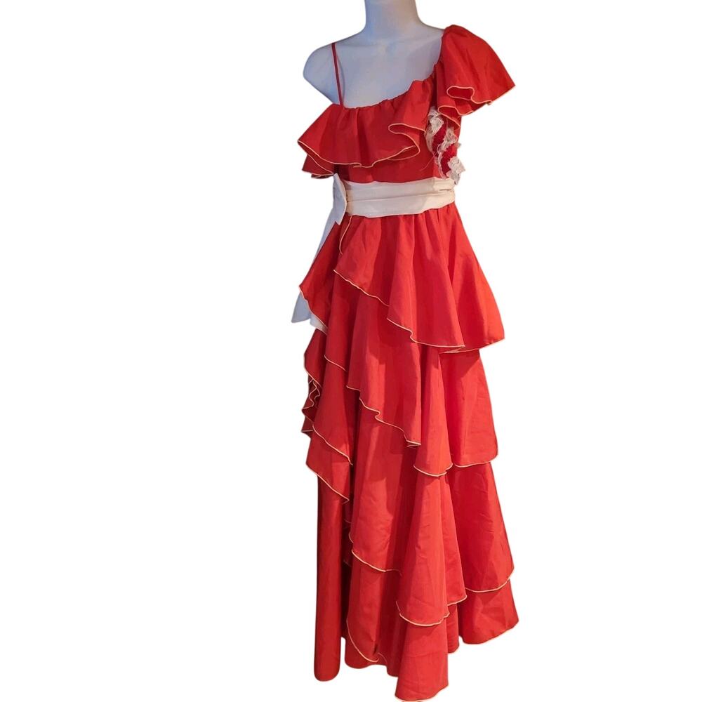 Vintage 80s Red‎ Taffeta Ruffled Layers Dress Sz XS/S Off Shoulder Mint Cond
